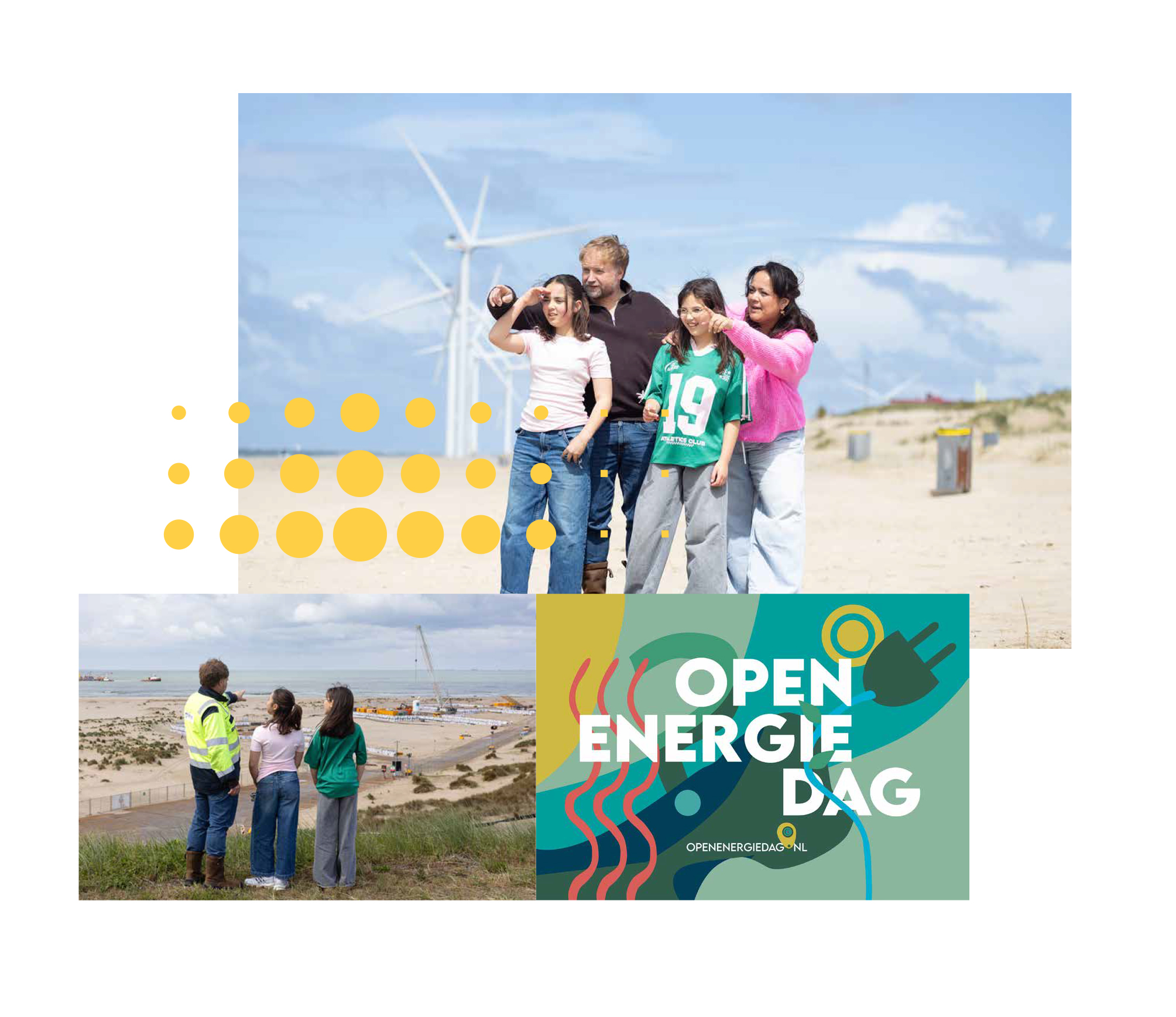 Open Energiedag op de Maasvlakte: gezin bij de windmolens op het strand en kinderen die uitkijken over de bouwplaats